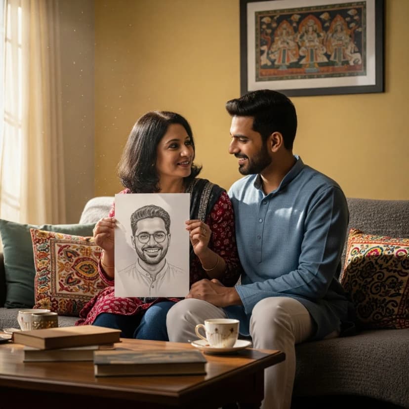 Happy couple looking at soulmate sketch